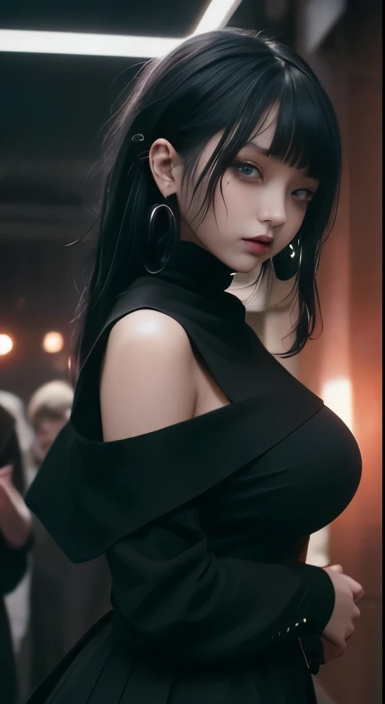 A woman in a black dress standing in a room with a crowd - SeaArt AI