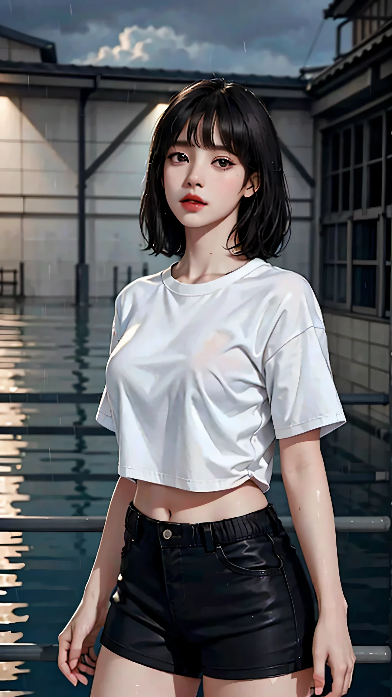 Beautiful girl with realistic black eyes, pale skin, medium length black hair, perfect face, perfect eyes, (Short black hot pants), (((Tight white t-shirt))), very detailed, comprehensive movie, digital painting, 8K, cinematic lighting, highest quality, High resolution, well done!, Post-processing, perfect result, surreal,(((revealing clothes))),big breasts,(rain), wet