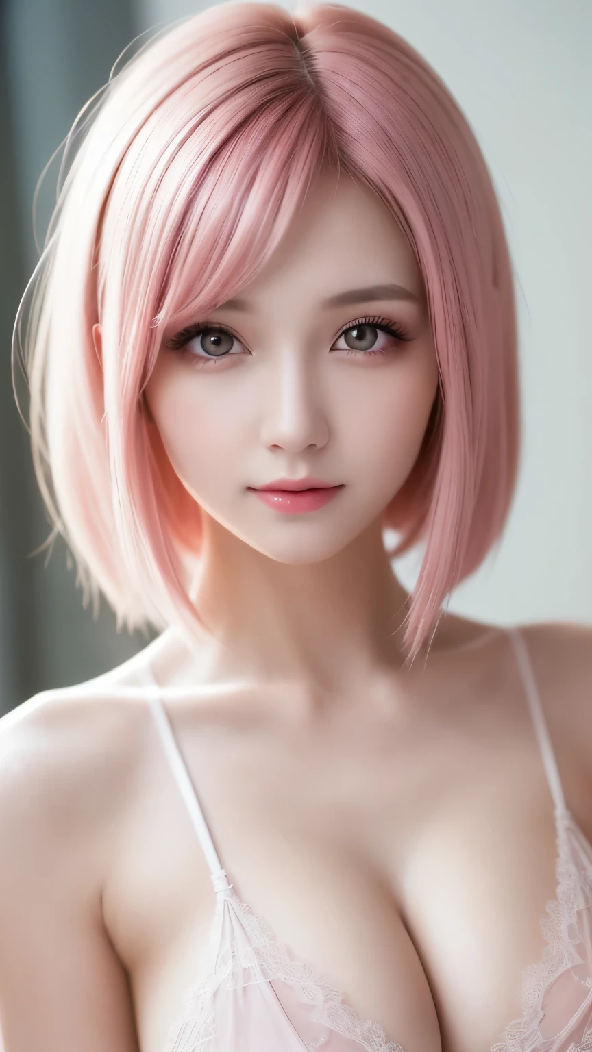 1girl, (Best Quality:1.4), (Ultra-detailed), (Detailed light), (extremely detailed beautiful face), Amazing face and eyes, pink hair, pink eyes, Beautiful sheer lace details, Beautiful breasts, nipples, extremely detailed CG unified 8k wallpaper, High-definition raw color photos, professional photograpy, dynamic lighting, depth of fields,