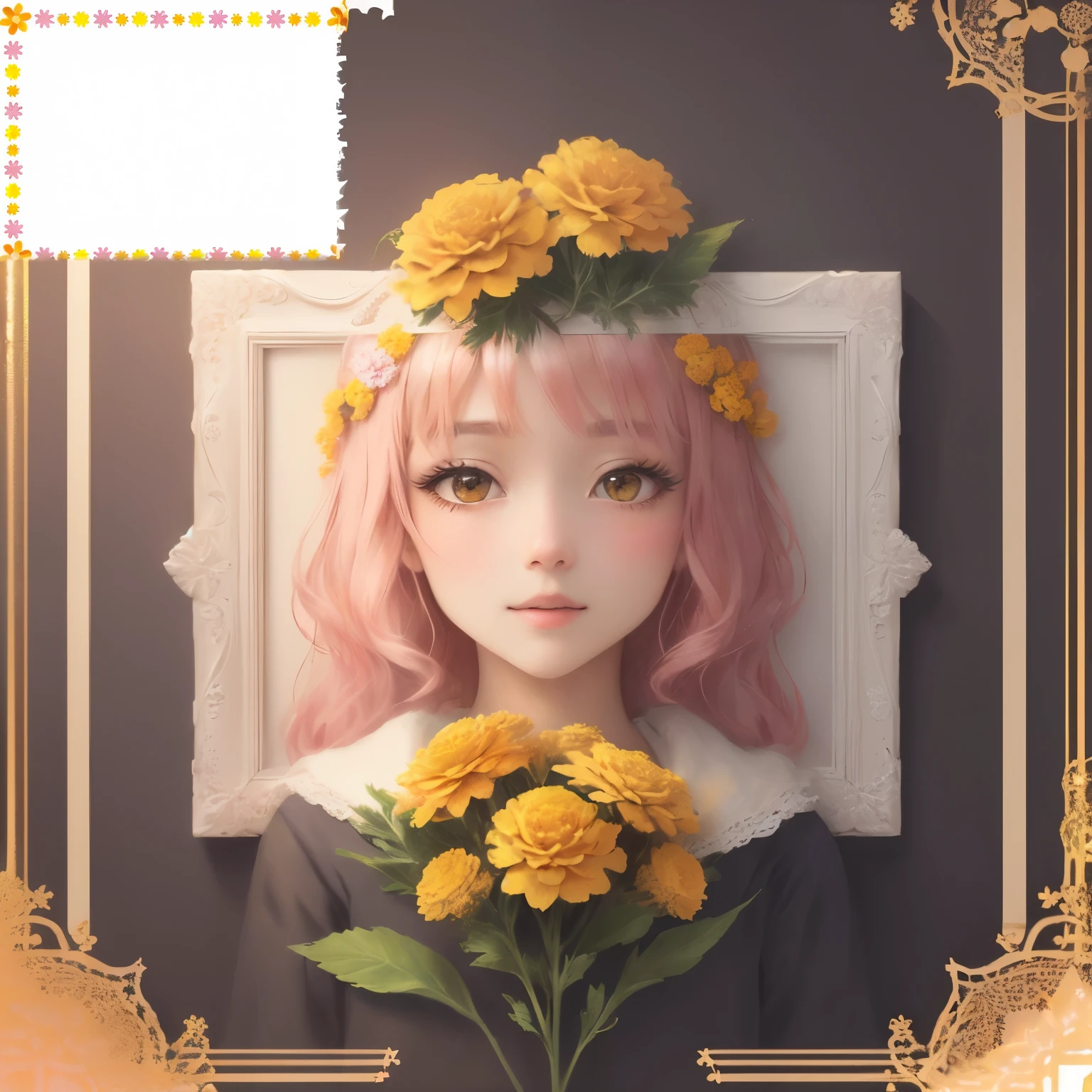 花が描かれたSquare frameの絵, flower frame, flower background, inside Stylized borders, paper border, Decorative borders, White borderの境界線, Pink yellow flower, White border and background, Stylized borders, Square frame, Striped, white background : 3, Blank border, Brilliant), marigold background, pink and yellow, White border