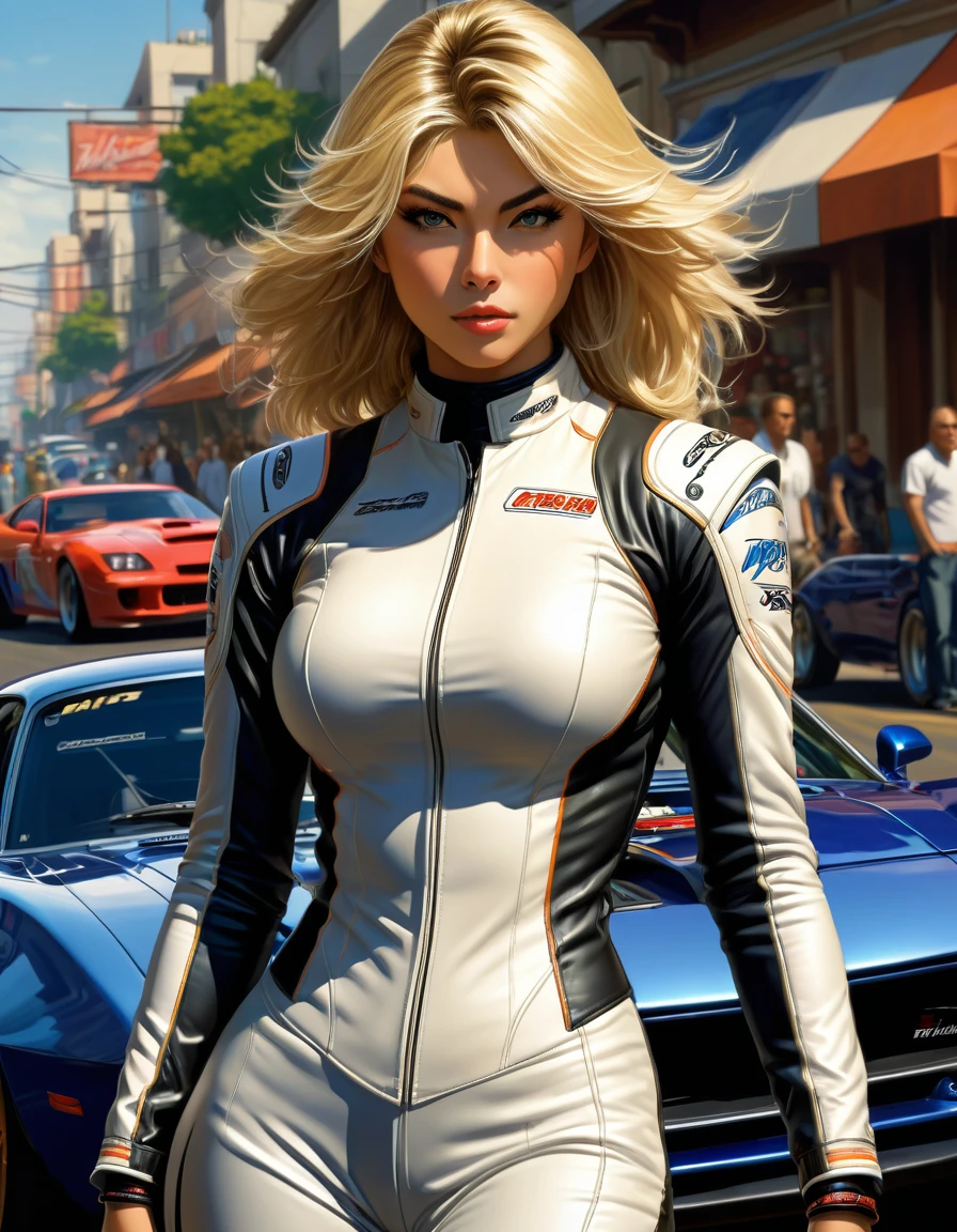 A photo realistic Blondie female street racer wears an street racing suite. badass ((muscle car)) in background. masterpiece professional hyper realistic artwork of Shirow Masamune, detailed face, insanely detailed and intricate, volumetric lighting, professional color grading by Kenneth Hines Jr., art by Alphonse Mucha Greg Rutkowski Studio Ghibli , outdoors at the start lane.