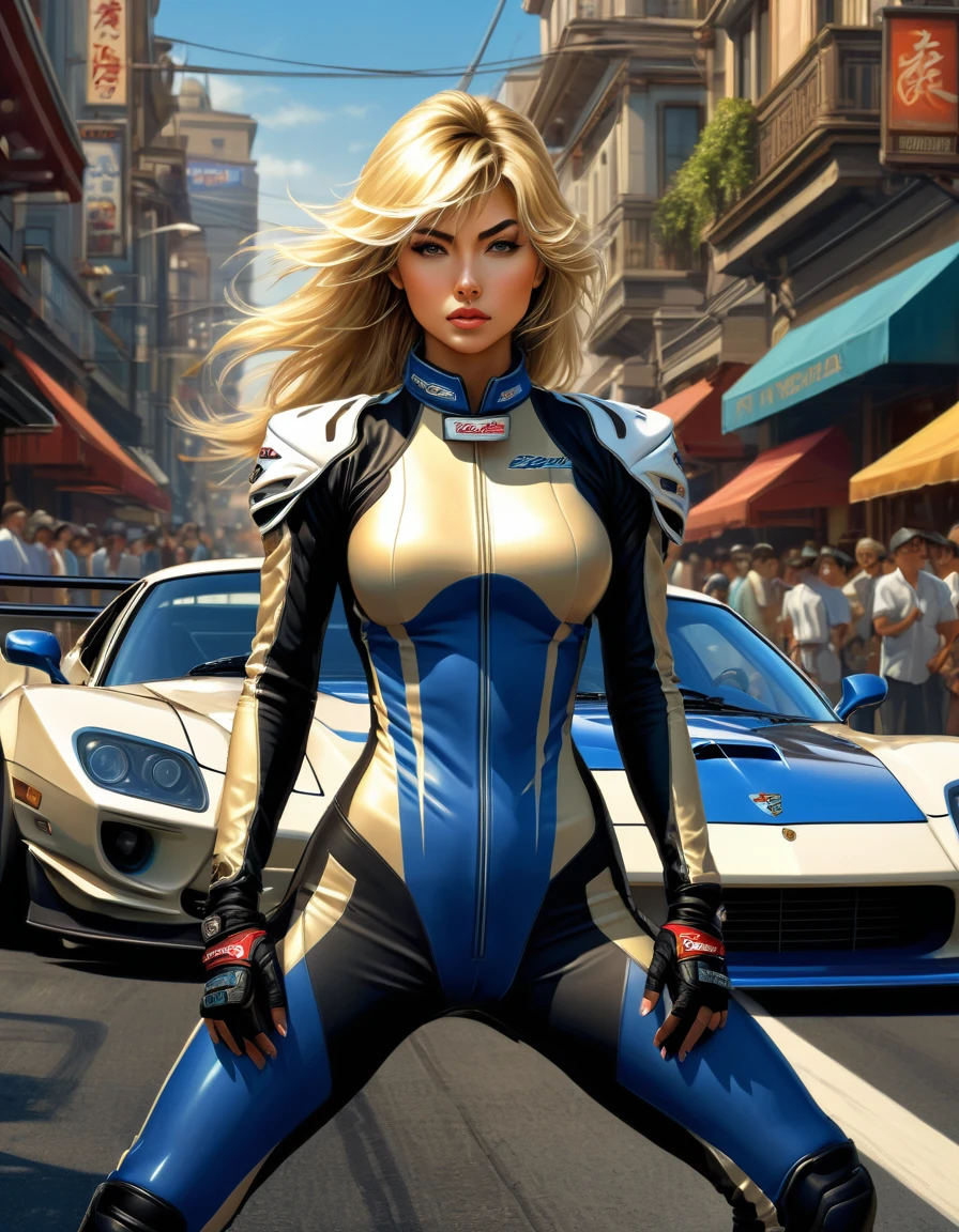 A photo realistic Blondie female street racer wears an street racing suite. badass ((muscle car)) in background. masterpiece professional hyper realistic artwork of Shirow Masamune, detailed face, insanely detailed and intricate, volumetric lighting, professional color grading by Kenneth Hines Jr., art by Alphonse Mucha Greg Rutkowski Studio Ghibli , outdoors at the start lane.