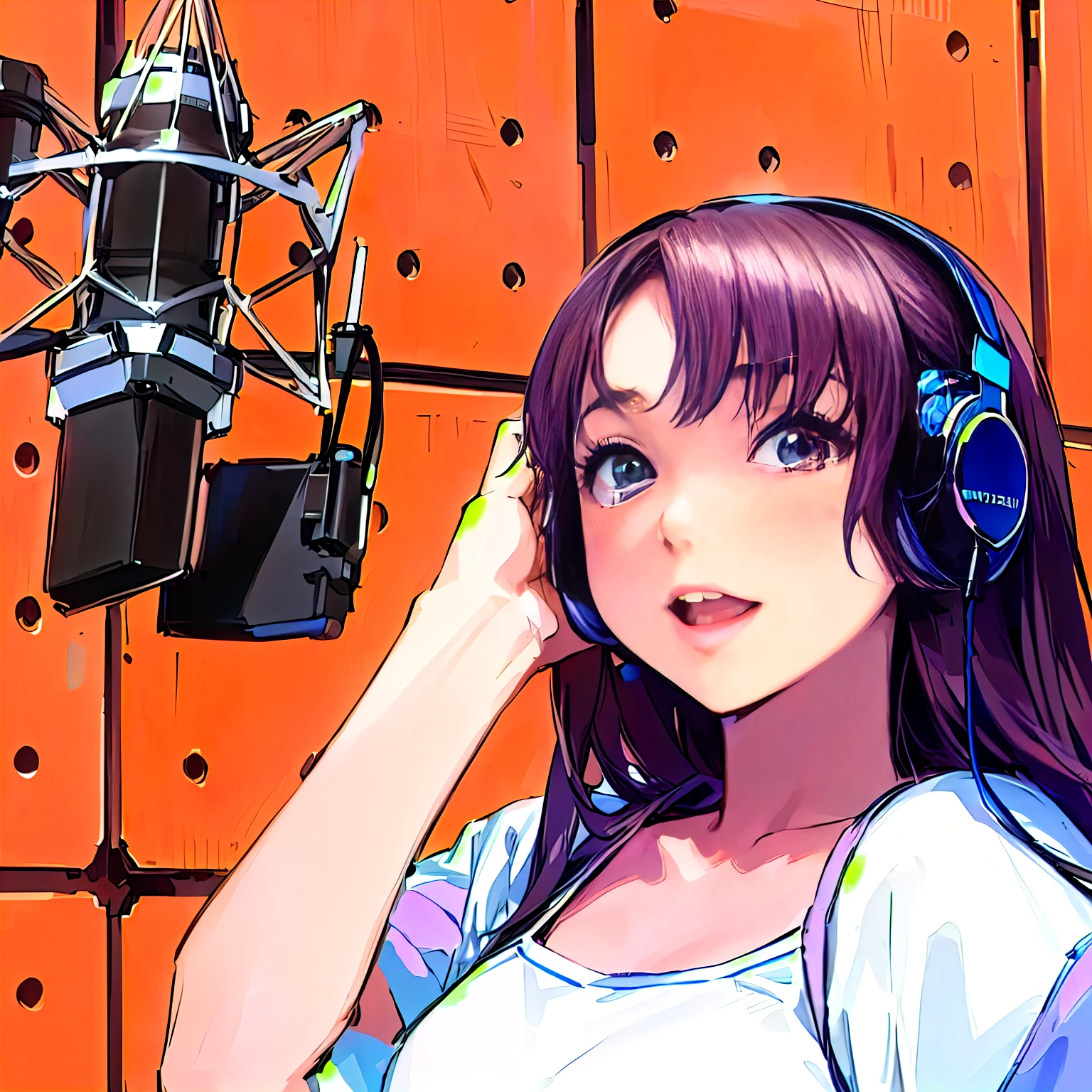 Anime girl with headphones and microphone in front of a wall, background artwork, IG Studio Anime Style, Drawn at Anime Painter Studio, marin kitagawa fanart, promotional art, Headquarters artwork, digital anime illustration, Created at Anime Artist Studio, girl in studio, Lofty Girl, Inspired by Tsubasa Nakai, lain iwakura, vocalist, portrait of lofi, promotional artワーク