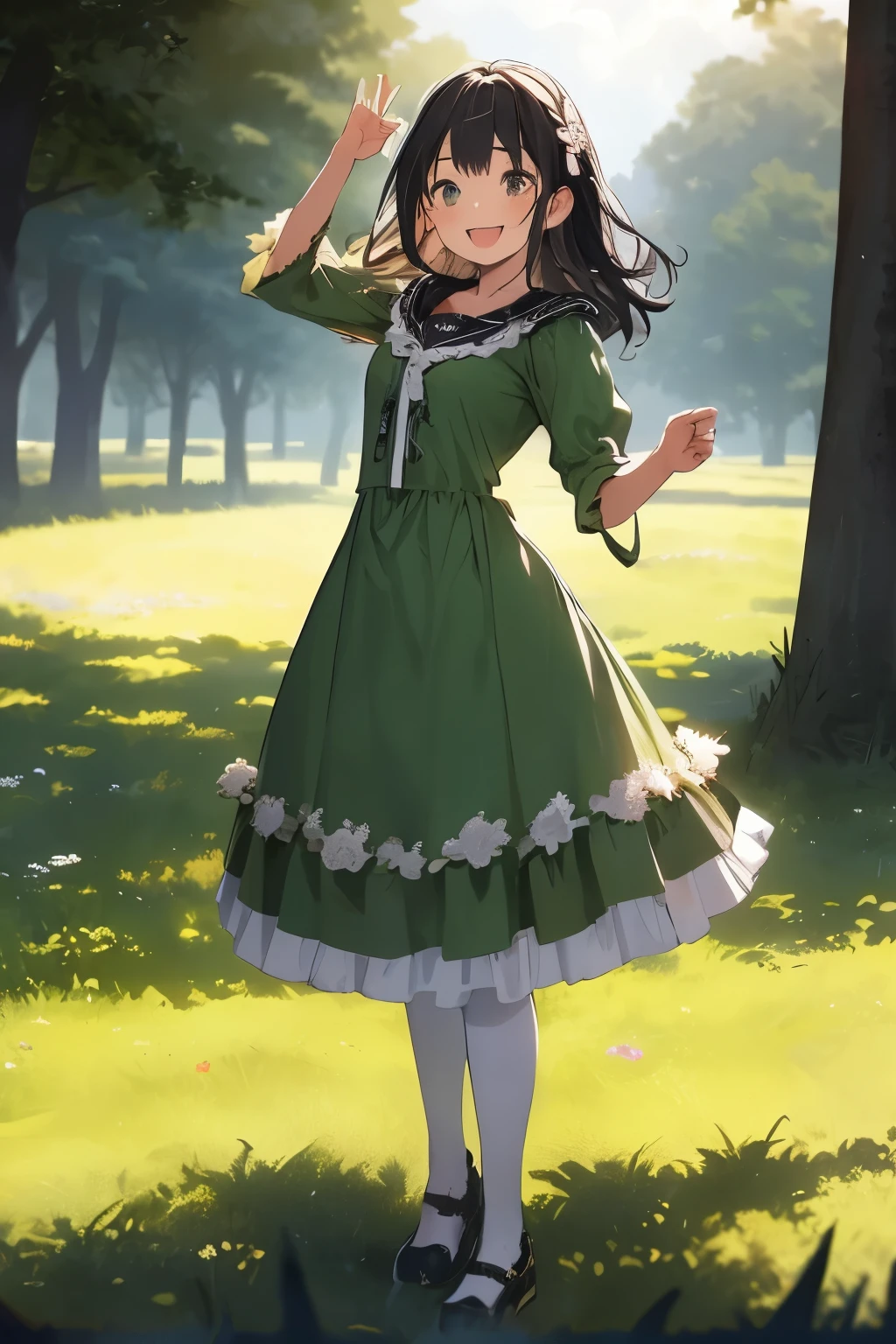 top-quality、​8K Masterpiece、Draw the face in detail、1 childish girl、****ta costume、Full body、kawaii pose、professional lighting、Happy expression、Shiny hair、perfect anatomy、In a green meadow