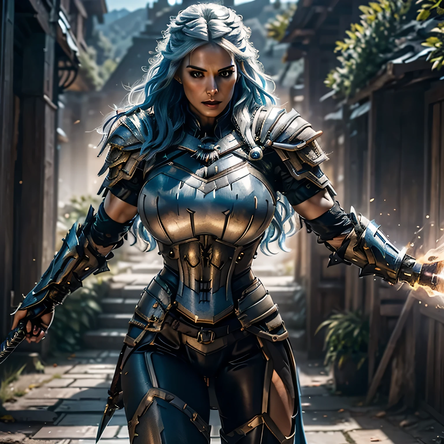 8K,asgard female warrior with very big breasts,Super beautiful(like the real thing),black very large chest armor,realistic skin,luxury black pants,Has a large, long black spear,sexy,muscular slim body,ripped abs,black shoulder armor,black waist armor,black leg armor,desert, rich colors, Backlight, cinematic lighting, film grain, RAW, 50mm lens,nikon D850,ultra high resolution,Super realistic,goddess,battle scene,action scene,action pose,shine a light on the face, long wavy blue hair, the Witcher, the Witcher armor, yennefer
