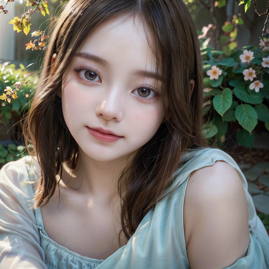 (best quality, highres), ultra-detailed, realistic, portraits, painting technique, delicate brushstrokes, vivid colors, soft lighting, glow effect, (beautiful detailed eyes:1.1), (beautiful detailed lips:1.1), (extremely detailed face:1.1), (long eyelashes:1.1), flowing hair, graceful pose, feminine expression, gentle smile, (creative composition:1.2), (dreamlike atmosphere:1.1), (subtle emotion:1.1), (ethereal beauty:1.2), elegant background, autumnal garden, falling leaves, warm sunlight, delicate flowers, (soft focus:0.9), (subtle transparency:0.9), (subdued shadows:0.9), (subtle reflections:0.9), (subtle textures:0.9), (harmonious color palette:1.1), (pastel hues:1.1), (translucent watercolor effect:1.2)