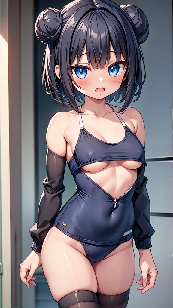 highest quality,wonderful,finely,extremely detailed CG Unity 8K wallpaper, (1 girl,black hair, blue eyes,short hair, double bun), (small breasts:1.2), (school swimsuit:1.1), (bare shoulders:1.1), (clavicle:1.1), (underboob:1.3), (open mouth:1.2), (long tongue:1.2), (mouth drool:1.2), (zettai ryouiki:1.2),(constriction:1.2), (Are standing:1.2)