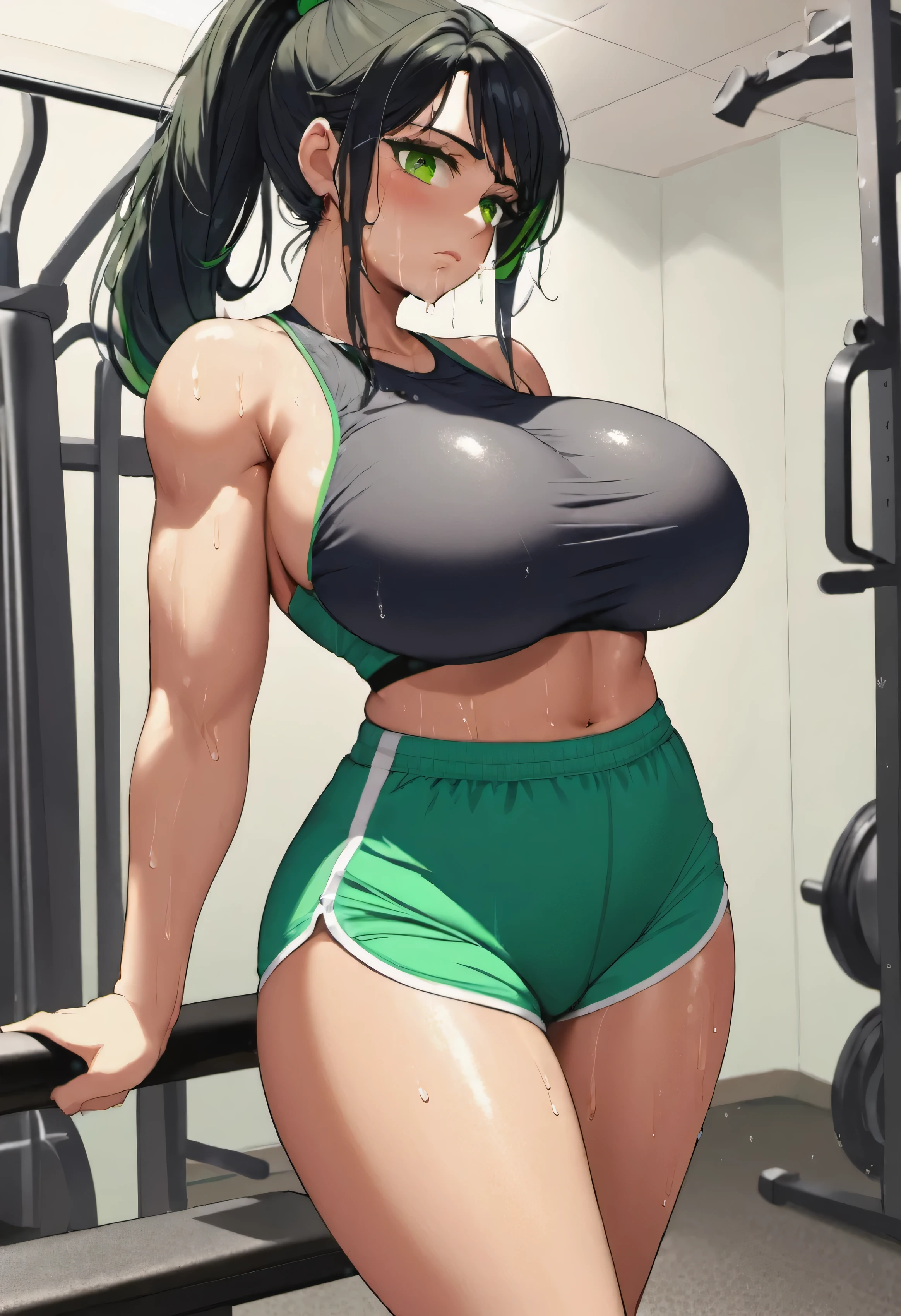 Woman, Muscular, gym crop top, gym shorts, huge breasts, Big, no pants, Futanari, Dick girl, Shemale, Tired, sweaty, Black hair, ponytail, Green eyes, Ashamed