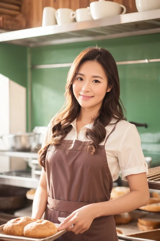40 years old.woman.long hair.Professional baker wear.The background is the baking classroom