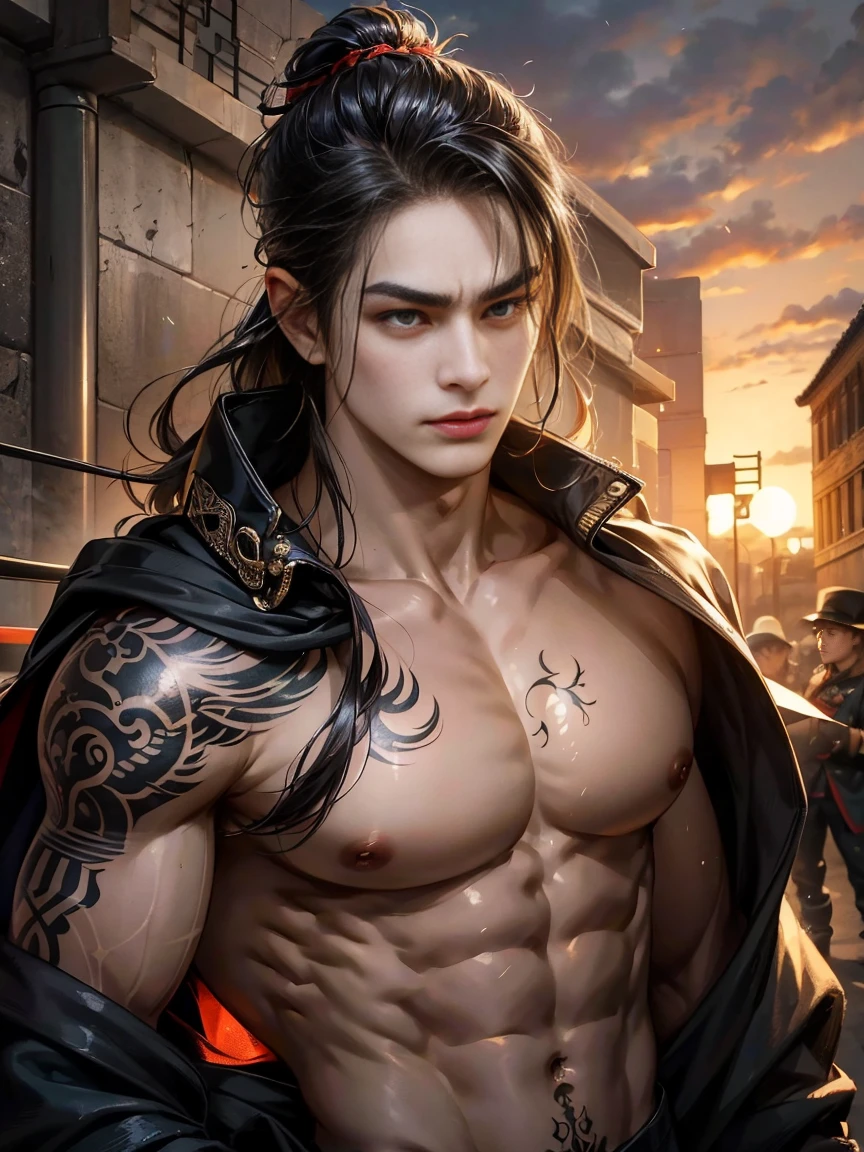 Un primer plano de un hombre rudo con tatuajes en el pecho y brazosas,en un gimnasio de boxeo,Chico guapo en el arte de Demon Slayer, Personaje masculino de anime, Arte detallado del personaje de anime, inspired by Itō Ogura Yonesuke, muscular character, Personaje de anime, Estilo anime masculino, Personaje de estilo anime, inspired by Munakata Shikō, Cuerpo completo del personaje, Arte digital de Danganronpa,alta calidad,muy detallado,pelo corto,ojos oscuros,mirada desafiante,cadenas,sin camisa,reloj,pulceras,tatuajes detallados por todo el cuerpo,