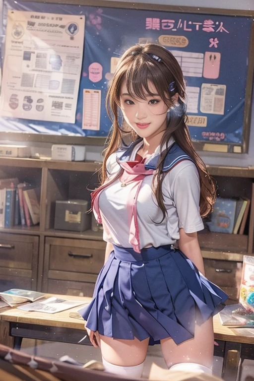 ((Japanese beautiful girl:1.3)) ((Uniforms:1.4)) ((panty shot:1.5)) (()),((dark blue skirt:1.3)) ((in the classroom:1.3)) ((thin_fabric:1.4)) ((casual sexy pose:1.3)) ((Sweaty:1.5))((Blushed:1.4)) ((big breasts:1.4)) ((close up:1.2)) best quality,masterpiece,ultra high resolution,(lifelike:1.4),original photo,(Realistic skin texture:1.3),(film grain:1.3),panoramic,portrait,very wide lens,Willow Yao,Cowboy shooting,(in the darkness, deep shadow, low profile, cold light,) night,(()),shed tears,,dust,Tyndall effect,(Express),1 girl,Beautiful and detailed eyes and face,white jabot,brown eyes,((brown hair:1.2)) ((whole body:1.3)) ((Smile:1.3))