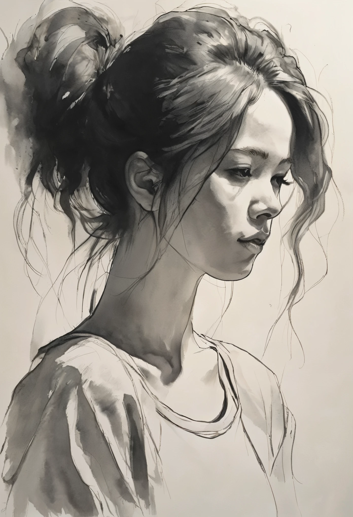 (highest quality, High resolution, masterpiece:1.2), Super detailed, actual:1.37, Black ink sketch, smooth lines, Expressive facial expressions and gestures, simple background, Emphasis on light and shadow and spatial perception, Plenty of negative space, young girl.Ink Portrait,smooth lines,Expressive facial features,Subtle emotions,Ink strength comparison,simple background,Emphasis on light and shadow,wide々It was,Plenty of negative space,peaceful atmosphere,peaceful atmosphere,feels like a dream,Delicate yet fascinating details,pastel colour,Calm and introspective,An elegant gesture,Gentle movements,Calm and innocent,Elegant Whisper,quiet and elegant,shining,sublime beauty,Vector illustration,black and white,Natural and Organic,Nourish、Calming the mind,Sublime simplicity,fantastic charm.