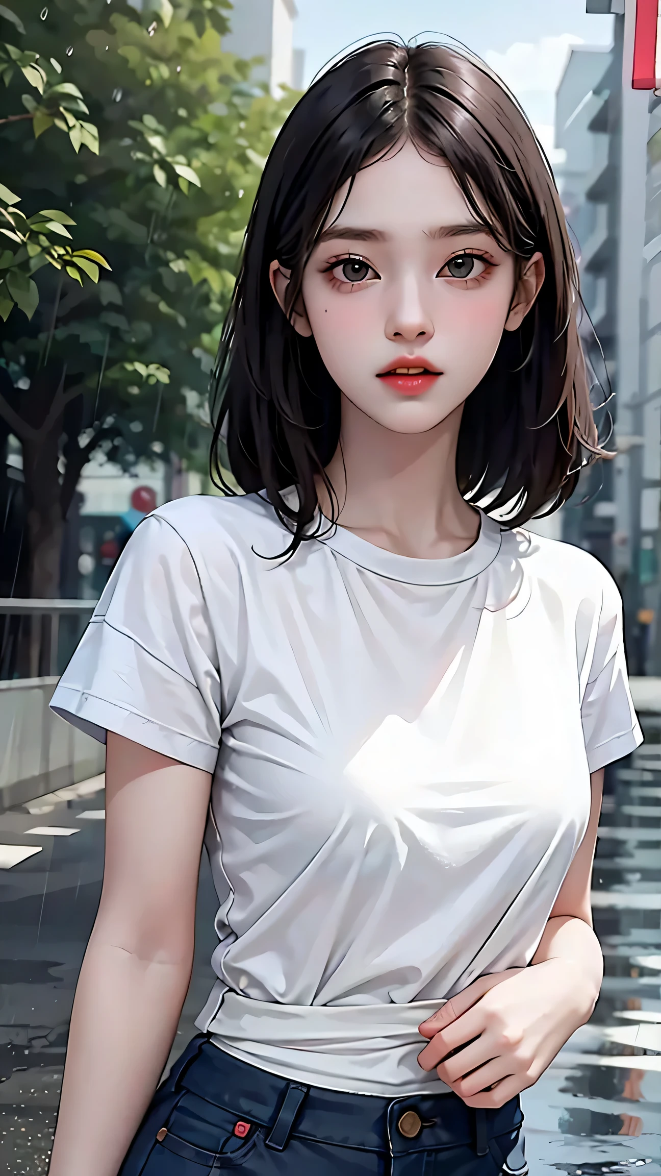 Beautiful girl with realistic black eyes, pale skin, medium length black hair, perfect face, perfect eyes, (Short black hot pants), (((Tight white t-shirt))), very detailed, comprehensive movie, digital painting, 8K, cinematic lighting, highest quality, High resolution, well done!, Post-processing, perfect result, surreal,(((revealing clothes))),big breasts,(rain), wet