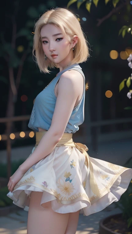 Surreal, 16K, high quality, 1 girl, blonde short hair, Shoulder-length blonde hair/银色的头发散布在她左边的sun穴上,And tuck it behind the ears, Small gold hoop earrings on both ears, eyes blue, Bright Eyes, White skin, pale skin, cheeks flushed, Willow Yao, big butt, Hot legs, skirt, open lips, blush, night, flowers, sun, Sunlight, 25 years old, (Beautiful tall figure), Professional photography details of a stunning woman, sharp focus, dramatic, Award-winning, movie lighting, Volume DTX, (film grain, blurred background, Blurred foreground, Bokeh, depth of field, motion blur:1.3), Multiple hot and sexy poses.