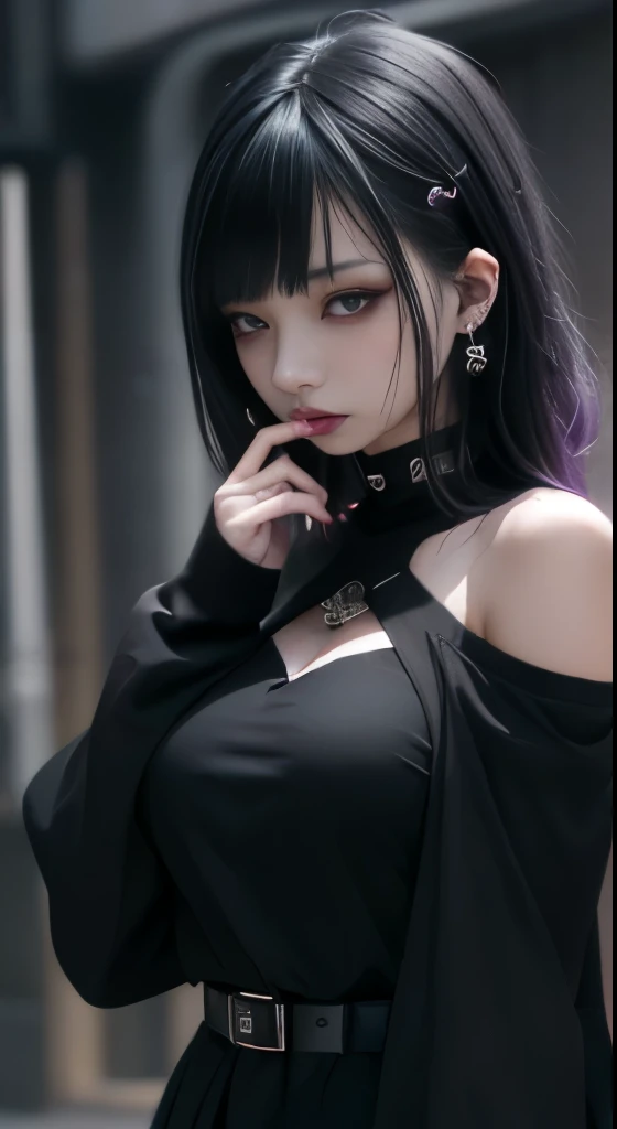 Cinema Lighting、(Key Light:Front 45 degree angle, Subsidy Light、Backlight、Shadow、Blue and orange color palette), Accurate human body、Knowledgeable person、Correct five-finger、RAW Photos、4K - ultra-vivid、Highest quality, masterpiece, Ultra-high resolution, (reality: 1.4),
(((Oilskin,Glowing Skin、Realistic skin texture、Beautiful skin in every detail、Glowing Skin、Glowing Skin)))、
Beautiful youth, 1 girl, 魅力的なgirl, クールなgirl、girl、mini skirt、Black Mask、((赤いHeavy makeup))、((Small breasts)) 、 girl1人, Purple eyes, Off-the-shoulder sweater dress, Cinema Lighting、purple and black hair、(Mine girl、Goth Makeup、My Makeup)、(Earrings、Small breasts、An oversized black t-shirt with open shoulders、ダークmini skirt)、((Heavy makeup、Oilskin,Glowing Skin、Realistic skin texture、Fine and beautiful skin、Glowing Skin)), Dark downtown at night、Kabukicho、Dark Cyberpunk、(Full Shot:1.8)、Thin legs、Thin arms、Narrow shoulders、Tight waist、Slender body、Small breasts、whole body