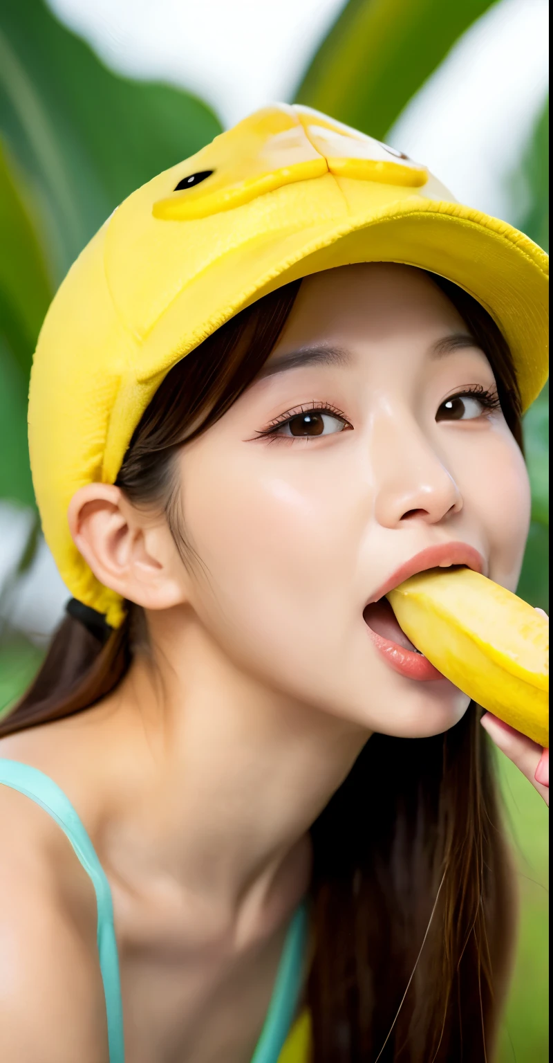 Woman eating a banana , long hair、ponytail、Prime head,big mouth、Fumino eating a banana, plump lips, Beautiful Hair, she is eating a banana,Woman with her mouth wide open , She is eating a banana, , sakimichan,  , 