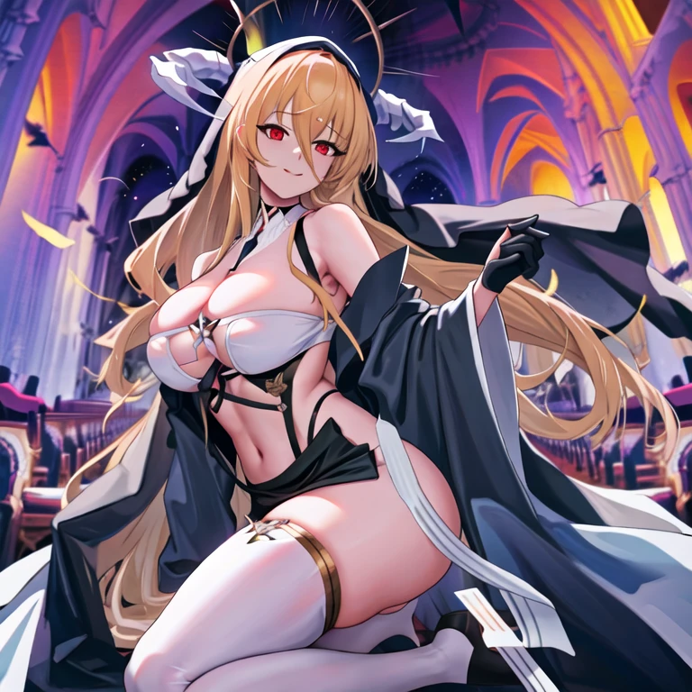 The tip for using stable diffusion to produce high-quality images is: "1 girl, Bangs, bare shoulders, between breasts, black skirt, black gloves, blond hair, bra curtain, tear, Open your mouth wide, cover navel, accustomed, hair between eyes, halo, trumpet, huge breasts, indomitable (Azure Lane), long sleeve, looking at the audience, nun, pelvic curtain, Red eyes, Smile, alone, Very long hair, white stockings, in the church, (best quality, 4K, 8K, high resolution, masterpiece:1.2), Super detailed, (actual, photoactual, photo-actual:1.37), portrait, bright colors, studio lighting." Please make sure to follow the formatting requirements, Including the use of appropriate () and [] syntax.