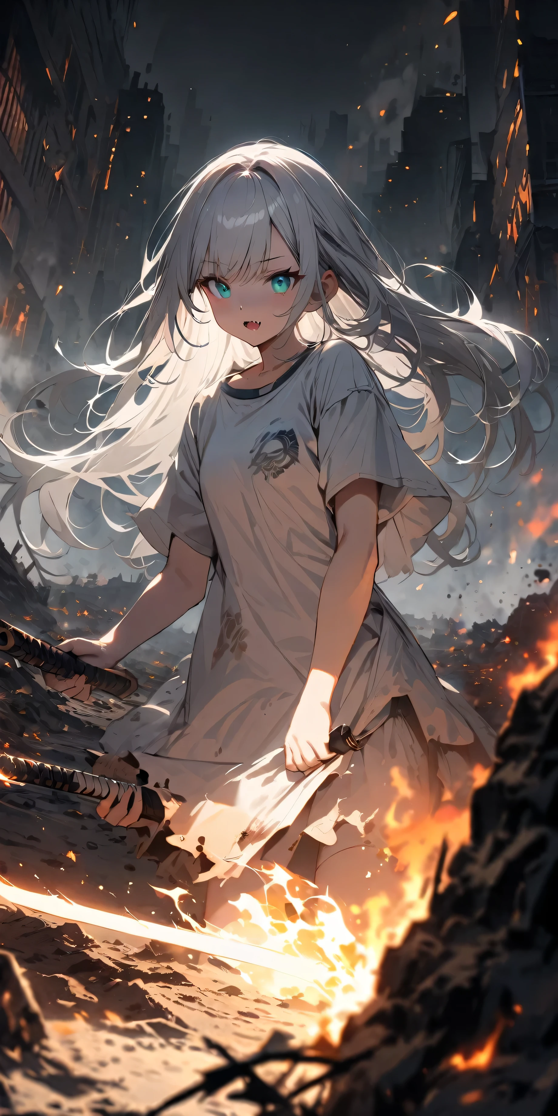 Resolution full, best quality, masterpiece, full HD, foggy theme, super detailed, beautiful girl. Cute girl. 1girl. White hair, long hair. Bangs. detailed beautiful aqua eyes. White hair ornament. White T - shirt. fangs. in wasteland, in burning city, holding glowing sword, shadows surroundings girl, has a lighting power