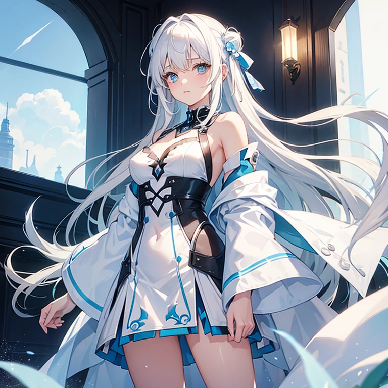 A small 10-year-old girl with a flat AA-size chest. Her proportions include an extremely flat chest. She has heterochromia, her right eye is a deep emerald green, and her left eye is bright diamond blue. Her features include snow-white hair fluttering behind her, ears of a white tiger atop her head, and a tail of a white tiger. She sports a flowing white cloak that billows behind her and dual-wields two white swords. Her stance is confident and mature, her expression focused and calm. Her clothes cover her completely. Make sure to include a tail of a white tiger on her tailbone.