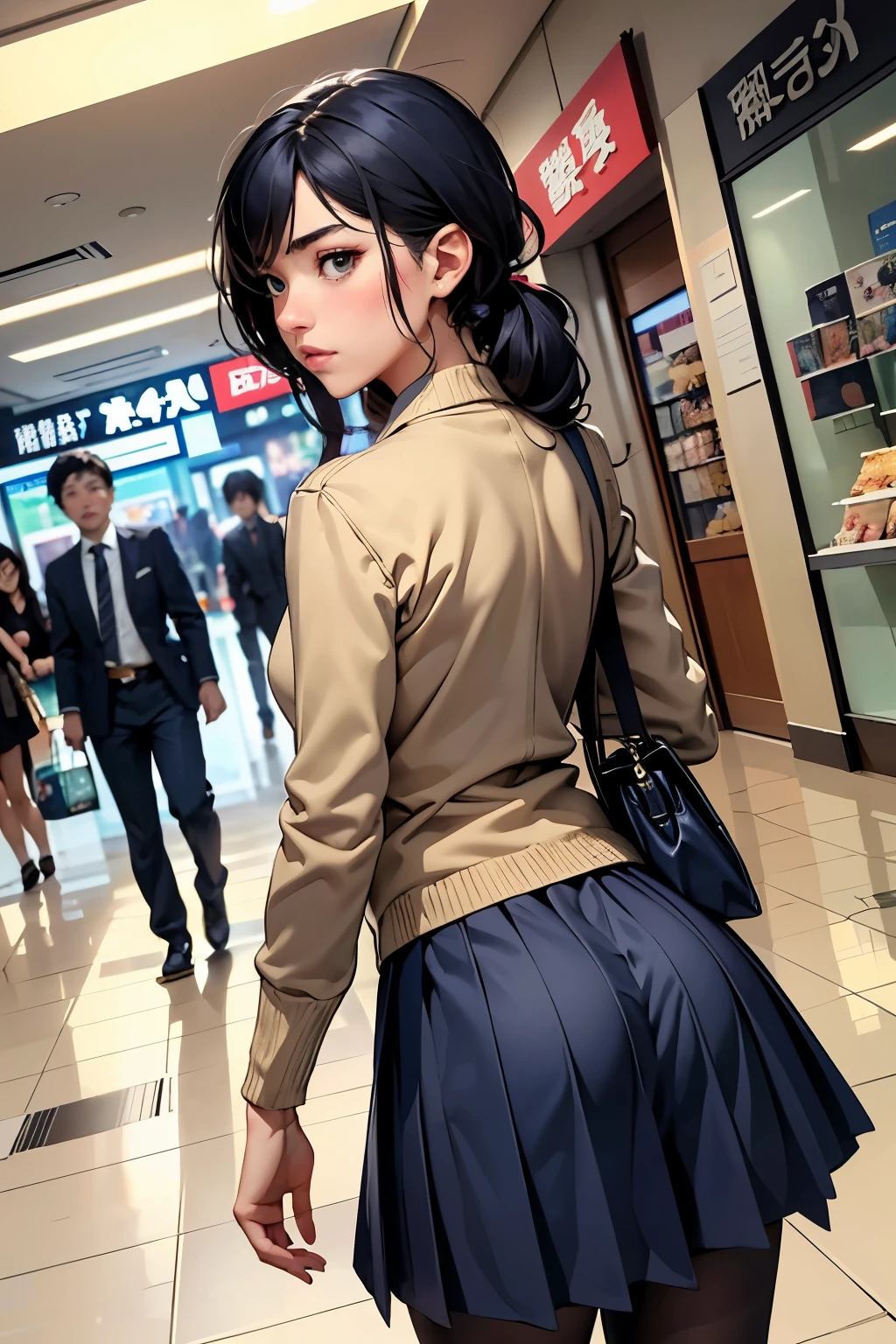 ((highest quality)), ((masterpiece)), (be familiar with),  Shopping mallで万引きしている女子高生、(I&#39;m trying to put the item in my bag)、student bag、navy blazer、(Checked long skirt)、navy blue socks、back view、covert photography、(Low angle behind)、navy blue socksのクローズアップ、mangaコマ割り、cartoon style、manga、Shopping mall、