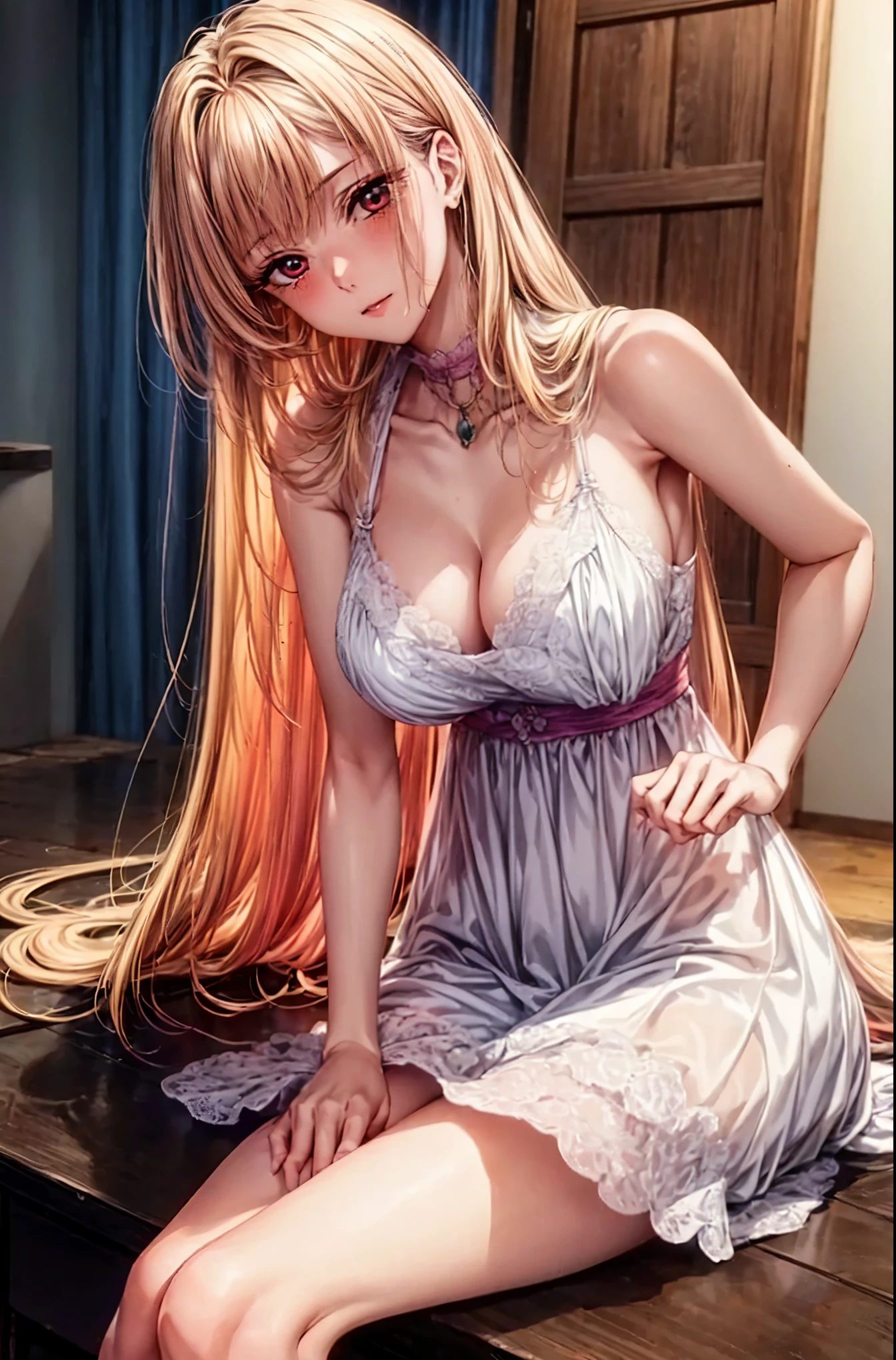 (masterpiece:1.2), (Best quality at best:1.2), perfect eyes, perfect face, 1 Girl, Alone, 8K, Best Quality, large breast,(Detailed description of hair), (Detailed description of face),(Detailed description of body), fair and clear skin, matchless beauty, long legged, facing the audience, professional photographic lighting, kitagawa Marin, blonde long hair gradient to pink hair, red eyeball, white lingerie
