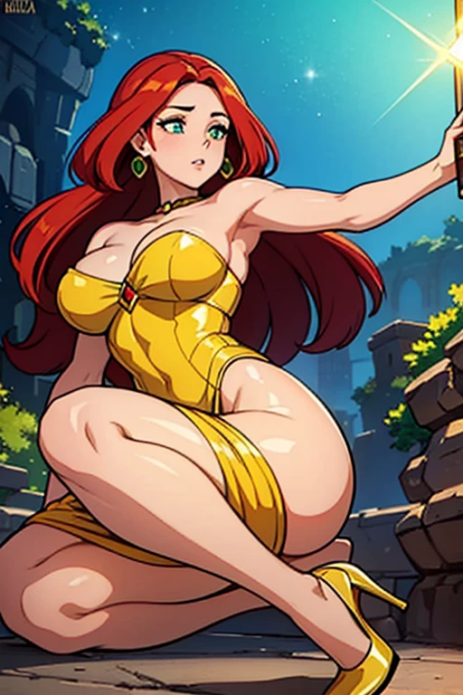Una mujer de cabello rojo fuego que cae en cascadas sobre sus hombros. Her green eyes sparkle with intelligence and her skin has a warm, golden tone.. Tiene una figura esbelta y elegante, with tight dresses that highlight her curves and high heels that enhance her figure