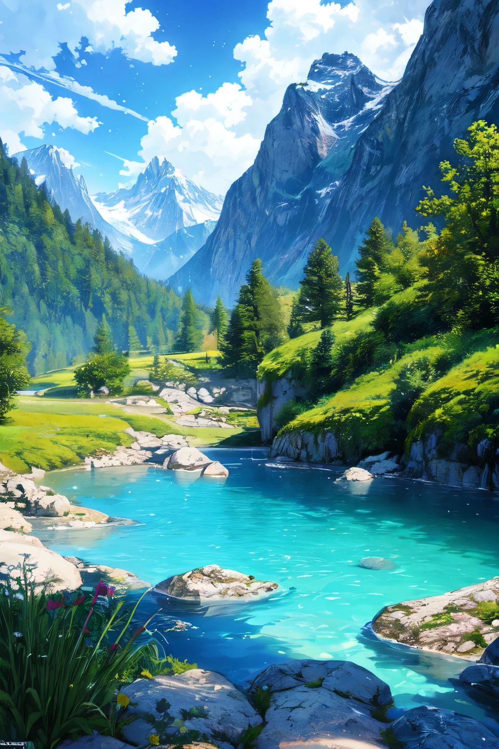 anime inspired greenery landscape alps with bright blue glass like sky shinning twinkling sparkling effect 