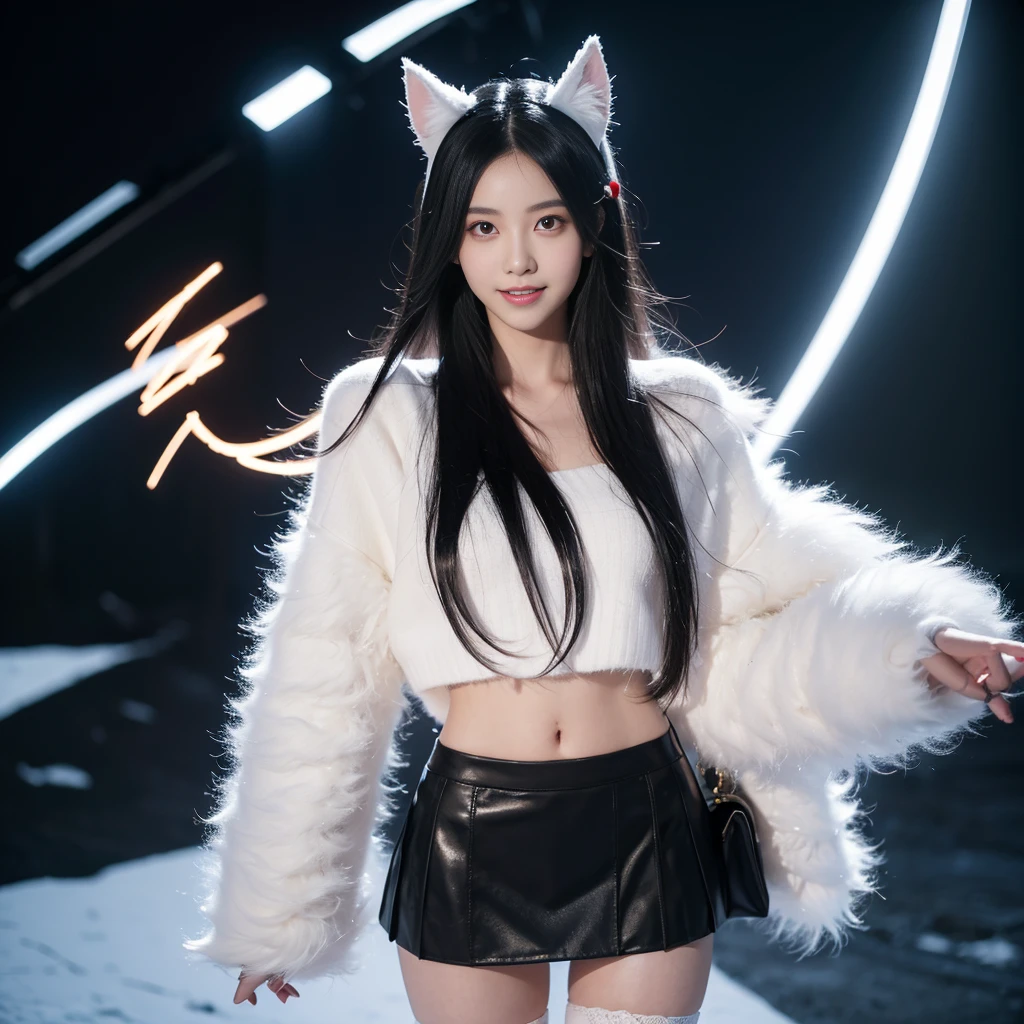 black hair, very long hair, glowing eyes, longeyelashes, animal ears, seductive smile, excited, teeth, short skirt, stockings, long legs, Perfect figure, white sweater, Surrealism, modern, cinematic lighting, pov, stereogram, Snow, highres, high quality, high details, textured skin, super detail, 16k
