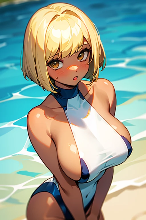 ((girl, alone, swimsuit, big breasts, tanned skin, flushed cheeks, blonde hair, blonde, bob cut, bobbed hair, exposed ))