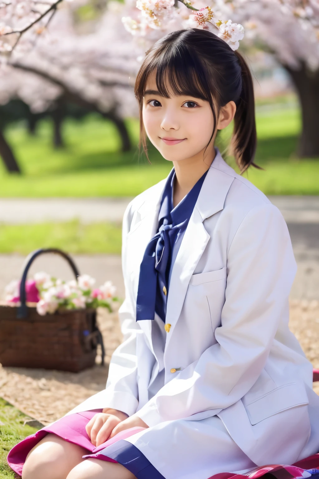 ((​masterpiece))), (((Full body photo)))， (One beautiful Japan girl, classmates, Innocence，kawaii) ，超A high resolution, Realistic, ultra-detailliert, 8K,top-quality, Extremely detailed, A slender,very beautiful japanese girl, Detailed face:1.3), (Bery short hair，I tied her hair in a bun.A dark-haired :1.4), (a baby face，kawaii系,adorable 18 year old beautiful girl), (Perfect body:1.1)，(White shirt，Red Check Ribbon，Dark blue blazer,Red plaid mini skirt、Dark blue high socks、lowfers)，Cute and innocent look，Please show me your beautiful teeth,Wonderland, sexy  pose，rosy cheeks, Sparkling eyes, kawaiiポーズ, ((Inside the coffee shop))、cute cake on the table，Japan high school uniform，soft afternoon light、Surrounded by soft light and delicate lighting shining through the window, Pastel color palette, dreamy ambiance, Magical, Vivid colors, Bokeh，