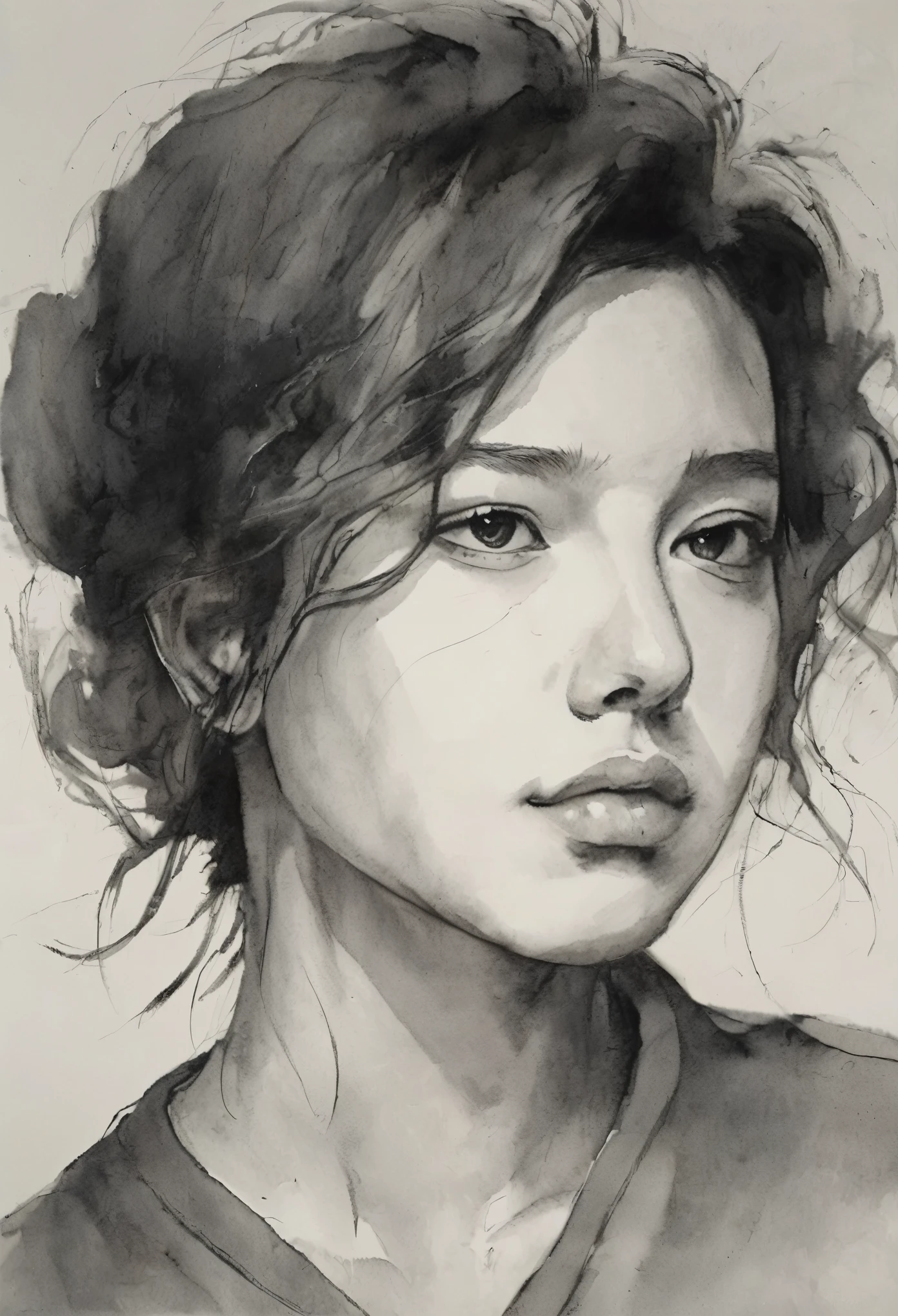(highest quality, High resolution, masterpiece:1.2), Super detailed, actual:1.37, Black ink sketch, smooth lines, Expressive facial expressions and gestures, simple background, Emphasis on light and shadow and spatial perception, Plenty of negative space, young girl.Ink Portrait,smooth lines,Expressive facial features,Subtle emotions,Ink strength comparison,simple background,Emphasis on light and shadow,wide々It was,Plenty of negative space,peaceful atmosphere,peaceful atmosphere,feels like a dream,Delicate yet fascinating details,pastel colour,Calm and introspective,An elegant gesture,Gentle movements,Calm and innocent,Elegant Whisper,quiet and elegant,shining,sublime beauty,Vector illustration,black and white,Natural and Organic,Nourish、Calming the mind,Sublime simplicity,fantastic charm.