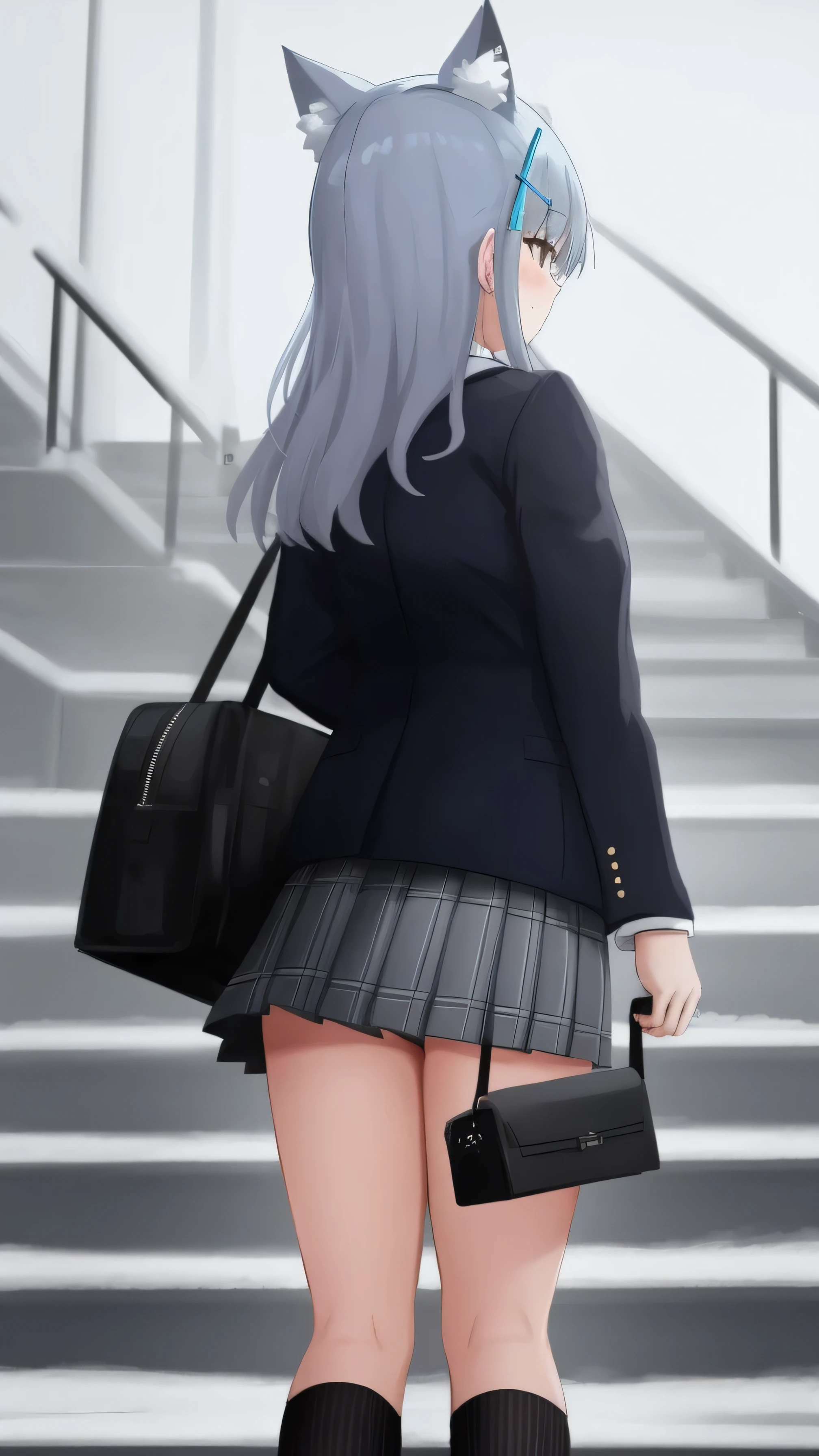 1girl, shiroko_(blue_archive), underwear, skirt, panties, solo, ass, animal_ears, bag, socks, plaid_skirt, grey_hair, plaid, school_uniform, jacket, pleated_skirt, stairs, from_behind, school_bag, white_socks, from_below, cat_ears, kneehighs, thighs, upskirt, animal_ear_fluff, black_skirt, blazer, miniskirt, pantyshot, standing, long_sleeves, medium_hair, blue_panties, blue_jacket, cross_hair_ornament, shoulder_bag, facing_away, 