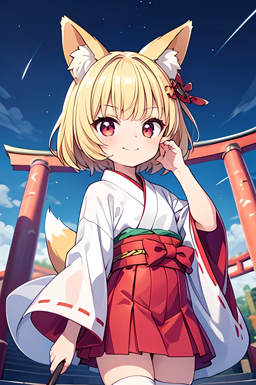 1girl, solo, (best quality, highly detailed, masterpiece, official art, detailed eyes, deep eyes, best illustration:1.3), small breasts, (very young child:1.6), (bobbed hair, blunt bangs, blonde hair, glowing eyes, red eyes, animal ears, fox ears, hair ornament, white kimono, red skirt, smirk, cowboy shot:1.4), One fox tail, white_zettai_ryoiki, in the night sky, outdoors, shrine, torii, hand on own face, looking at viewer