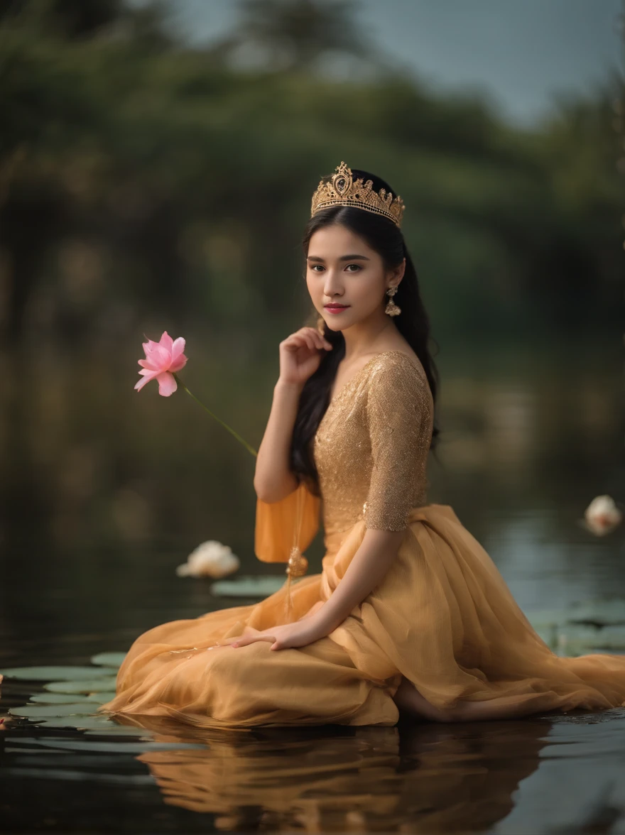 Beautiful 16-year-old princess sitting on a lotus flower,Wear a delicate gold crown.,Beautiful Thai Girl,Squeeze the flower stem with one hand.,The other palm is facing outwards.,Light brown dress,Barefoot on both feet.,Like hibiscus in water.,The corners of the mouth are slightly inverted.,Look at the camera with a gentle expression.,Spectacular and noble costume,8k wallpapers,Amazing cleavage,master-piece, Revered Goddesses,A beautiful dream world,