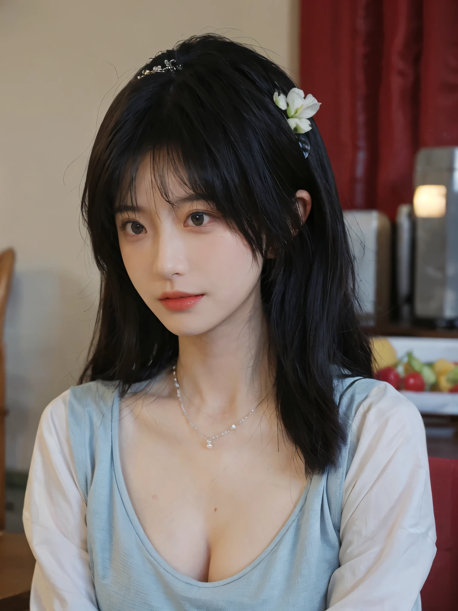 best quality， ultra high resolution， （realistically：1.4），cute hairpin，Baoyu Girl，Standing in the wedding hall，（flat chest：1.2） ，A pair of clear and charming peach blossom eyes,Royal sister，The sun shines on the face，Big wavy hairstyle，（necklace：1.2），（White skin：1.4），a sense of atmosphere，a beautiful girl，Looking directly at the viewer， Close-up cleavage ，(lifelike:1.4),1 girl,Sexy,(Upper body:1.4),(wet),(:1.2)