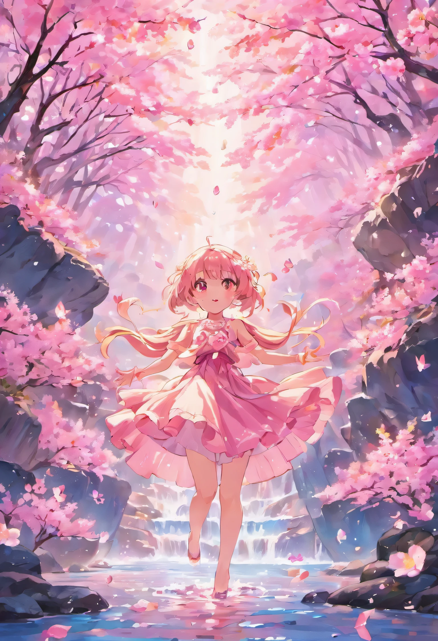 "Create a scene where a cascade of pink waterfalls flows gracefully over smooth rocks, adorned with blooming cherry blossoms and iridescent shells, reflecting the warm glow of the setting sun."