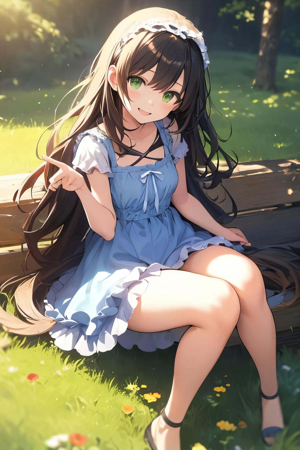 top-quality、8K Masterpiece、Draw the face in detail、1 ish girl、Lolita costume、Full body、kawaii pose、professional lighting、Happy expression、Shiny hair、perfect anatomy、In a green meadow