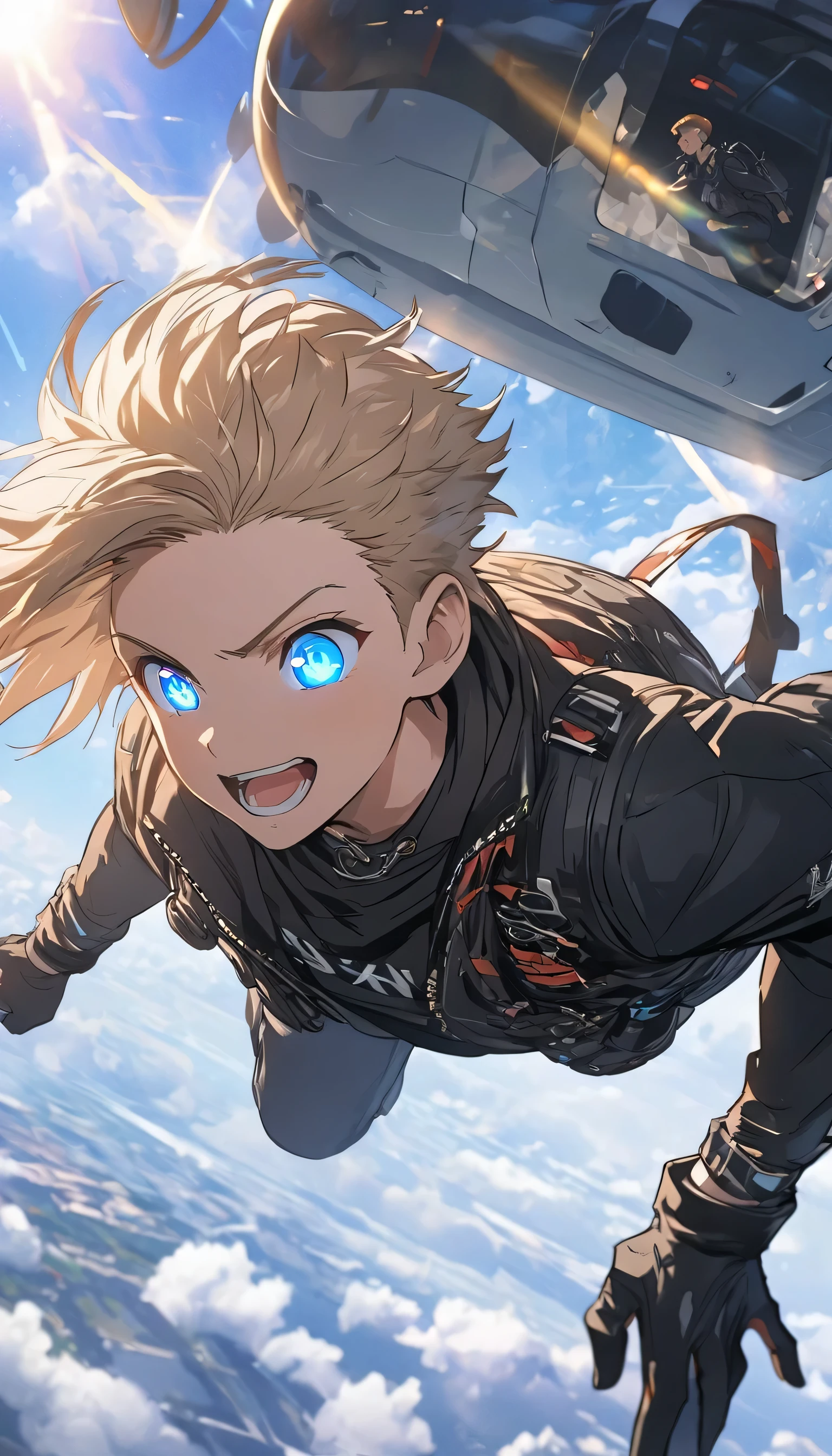 (highest quality、masterpiece、High resolution、detailed)beautiful anime、(Shining eyes、detailed beautiful face)､, BREAK,Portrait 1 Young Man ,SF, Complex background punk, (Handsome guy) , futuristic,(Jumping out of a helicopter in the sky) , dynamic action, A cool scene, dynamic angle、anime style、((masterpiece, highest quality, )),