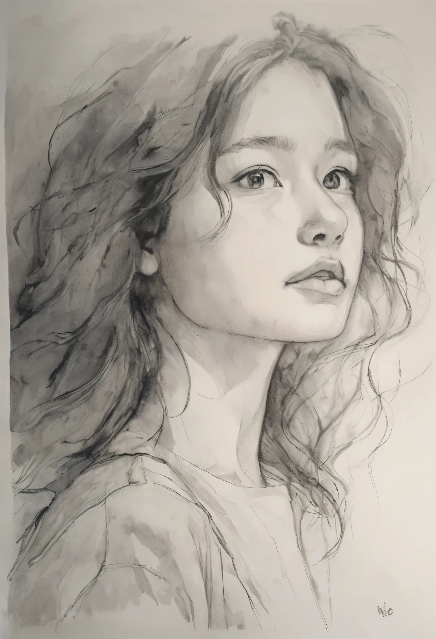 (highest quality, High resolution, masterpiece:1.2), Super detailed, actual:1.37, Black ink sketch, smooth lines, Expressive facial expressions and gestures, simple background, Emphasis on light and shadow and spatial perception, Plenty of negative space, young girl.Ink Portrait,smooth lines,Expressive facial features,Subtle emotions,Ink strength comparison,simple background,Emphasis on light and shadow,wide々It was,Plenty of negative space,peaceful atmosphere,peaceful atmosphere,feels like a dream,Delicate yet fascinating details,pastel colour,Calm and introspective,An elegant gesture,Gentle movements,Calm and innocent,Elegant Whisper,quiet and elegant,shining,sublime beauty,Vector illustration,black and white,Natural and Organic,Nourish、Calming the mind,Sublime simplicity,fantastic charm.