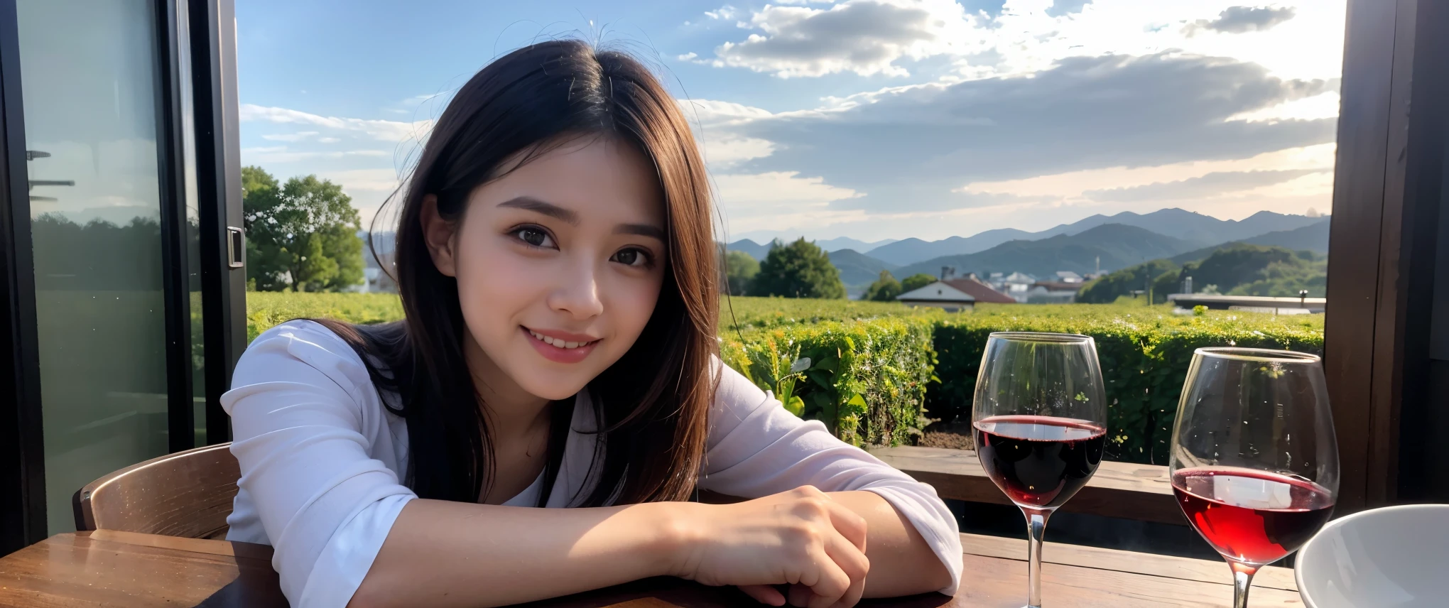 ((highest quality、8K、masterpiece:1.3))、Beautiful woman perfect body:1.4、slimなボディ、((Bob Hale、straight hair:1.2))、 ultra high resolution, bright image、2. Wine Beauties, beautiful face, blue eyes, fine eyes, light shines on your face, blush your nose, short hair,Spectacular view of the sunset sky and clouds、Amazing mountain views、ニコニコ明るいsmile、smileの素敵な女性、bright face、Fox face、lady、Champagne、Wine bottle、wine glass、red wine 、Appetizer、Italian food、two beauties、brown hair、shortcut、long sleeve shirt、winter fashion、dress、wine bottle、sparkling wine、Pretty Woman 1, (slimな顔), (brown hair), (shortcut), cheeks turn a little red, (42 years old), 39 years old, charming beauty、restaurant, nova frog style, actress, model, Upper body, White wine, slim, wine glass, 真ん中に置かれたwine glass, smile, (smile: 1.15), 綺麗なfine eyes, Strong light and shadow,moist body:1.5、delicate eyes、brown hair、The hair is very shiny、