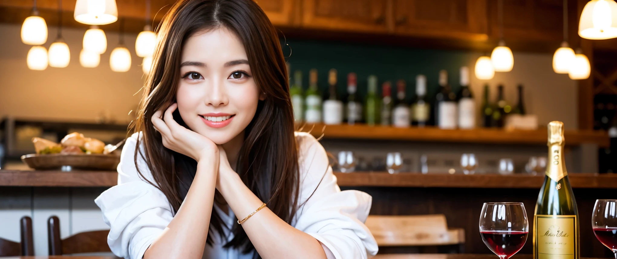 ((highest quality、8K、masterpiece:1.3))、Beautiful woman perfect body:1.4、slimなボディ、((Bob Hale、straight hair:1.2))、 ultra high resolution, bright image、2. Wine Beauties, beautiful face, blue eyes, fine eyes, light shines on your face, blush your nose, short hair,Spectacular view of the sunset sky and clouds、Amazing mountain views、ニコニコ明るいsmile、smileの素敵な女性、bright face、Fox face、lady、Champagne、Wine bottle、wine glass、red wine 、Appetizer、Italian food、two beauties、brown hair、shortcut、long sleeve shirt、winter fashion、dress、wine bottle、sparkling wine、Pretty Woman 1, (slimな顔), (brown hair), (shortcut), cheeks turn a little red, (42 years old), 39 years old, charming beauty、restaurant, nova frog style, actress, model, Upper body, White wine, slim, wine glass, 真ん中に置かれたwine glass, smile, (smile: 1.15), 綺麗なfine eyes, Strong light and shadow,moist body:1.5、delicate eyes、brown hair、The hair is very shiny、