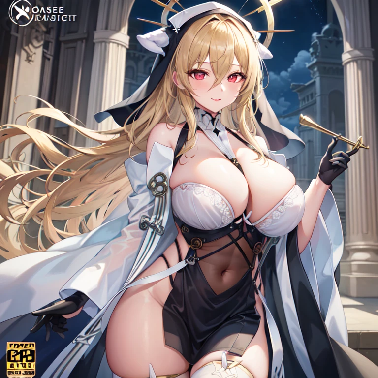 The tip for using stable diffusion to produce high-quality images is: "1 girl, Bangs, bare shoulders, between breasts, black skirt, black gloves, blond hair, bra curtain, tear, Open your mouth wide, cover navel, accustomed, hair between eyes, halo, trumpet, huge breasts, indomitable (Azure Lane), long sleeve, looking at the audience, nun, pelvic curtain, Red eyes, Smile, alone, Very long hair, white stockings, (best quality, 4K, 8K, high resolution, masterpiece:1.2), Super detailed, (actual, photoactual, photo-actual:1.37), portrait, bright colors, studio lighting." Please make sure to follow the formatting requirements, Including the use of appropriate () and [] syntax.