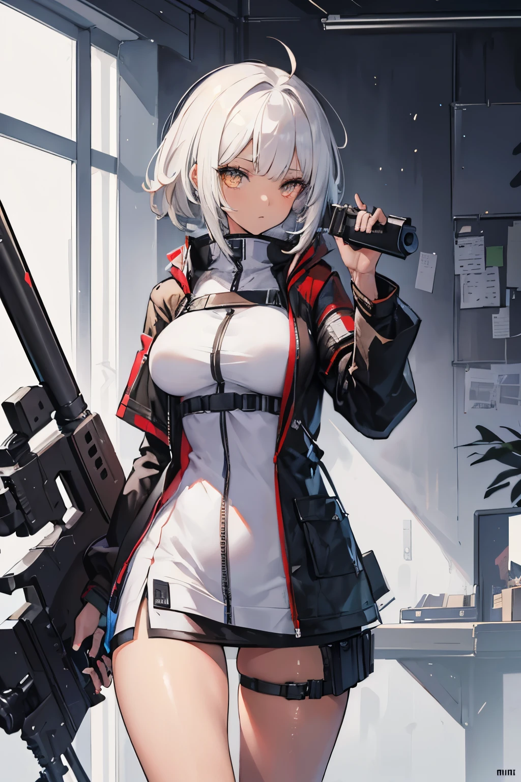 masterpiece, best quality, best quality drawn, (an anime girl in cyberpop jacket), ((brown skin)), white hair, bob-cut, ((messy hair)), golden eyes(tsurime), long and thick eyelashes, melancholy expression, slender body shape,, full-length, (((While holding guns and shooting))), (insanely detailed), big breasts(exposed), sexy, In town, High resolution, beautiful eyes(High resolution), beautiful face(ultra-detailed), key visual, concept art, arknights.