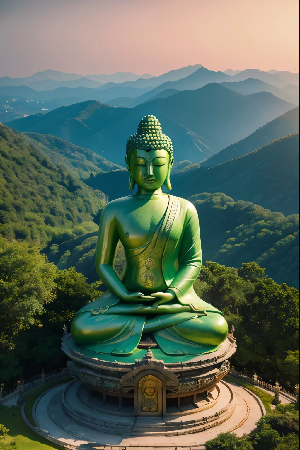 a green buddha statue on the top of a hill, in the style of hyper-realistic atmospheres,video
montages, hindu art and architecture, mote kei, exaggerated facial features, travel, aerial
view--ar 1:1
