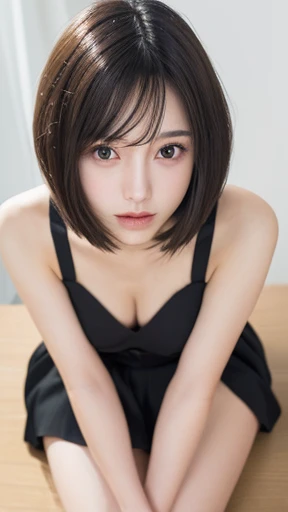 highest quality、High resolution、picture、wallpaper、realistic、bright lighting、professional lighting、face light、smooth lighting、japanese women、22 year old woman、beautiful sister、adult beauty、beautiful girl、、modeled、Idol、super beautiful、beautiful skin、beautiful and detailed eyes、beautiful and detailed eyes、detailed face、slim、short medium hair、brunette colored hair、Dark brown eyes、looking at the camera、mini skirt