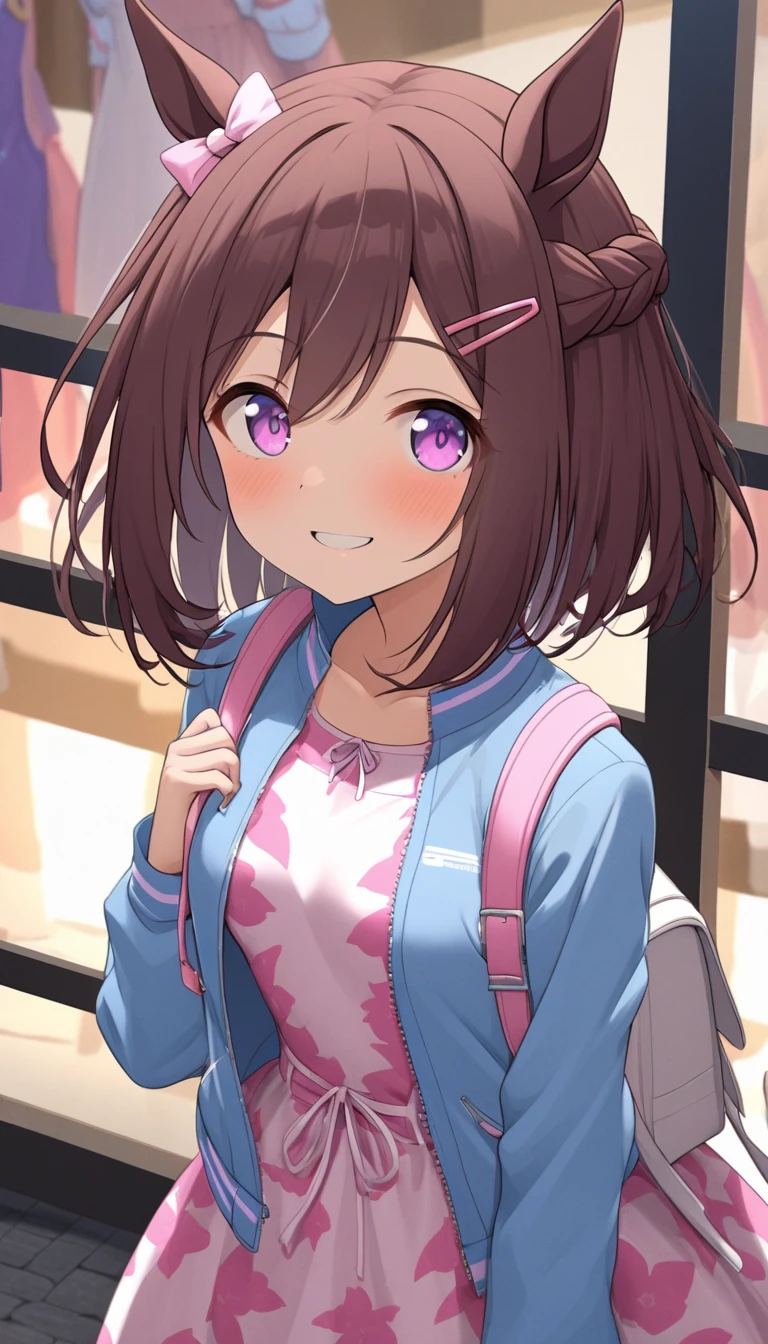 special_week_(Umamusume), fudangi, hair clip, blue jacket, open jacket, printed dress, pink dress, window shopping, small breasts, High resolution, Upper body, smile, white backpack, alone, The quality of the beast