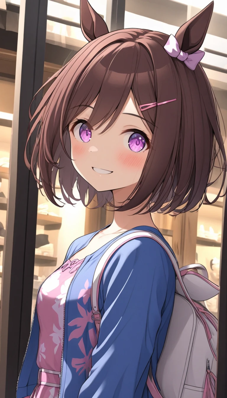 special_week_(Umamusume), fudangi, hair clip, blue jacket, open jacket, printed dress, pink dress, window shopping, small breasts, High resolution, Upper body, smile, white backpack, alone, The quality of the beast