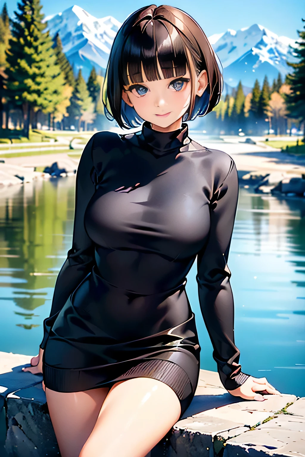 ♥(black one piece knit sweater skirt),((1girl,cute,young,pixie cut beautiful brown hair,blunt bangs,beautiful eyes)),(solo), ((realistic:1.5,Beautiful girl RAW photo)),(looking at the viewer), innocent smile,cinematic lighting and pause,beautiful icy lake and mountains,flowers,trees,snow,blue sky