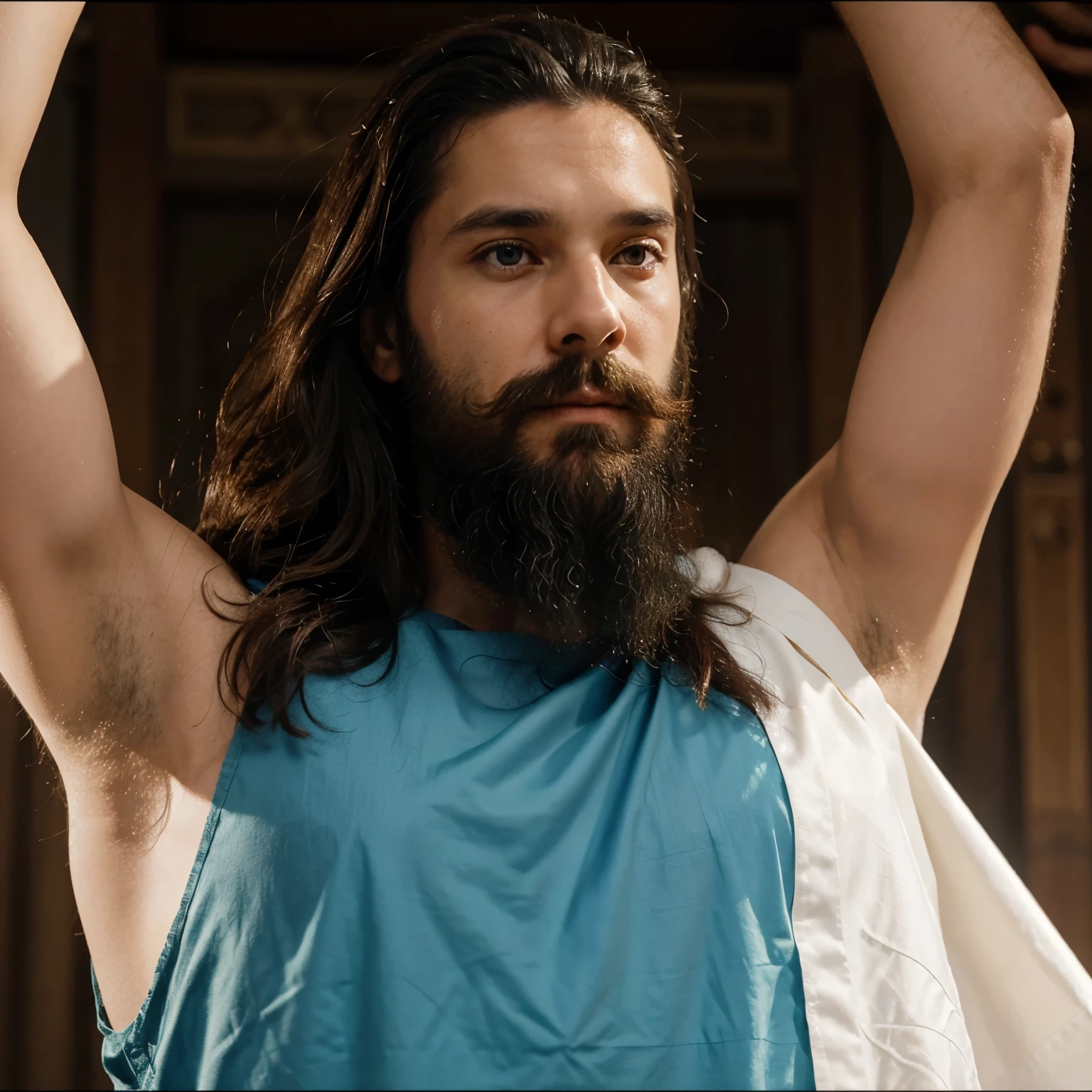 Un templier de l'ordre du Christ avec des cheveux mi-long et une barbe fine portant son armure en format animé