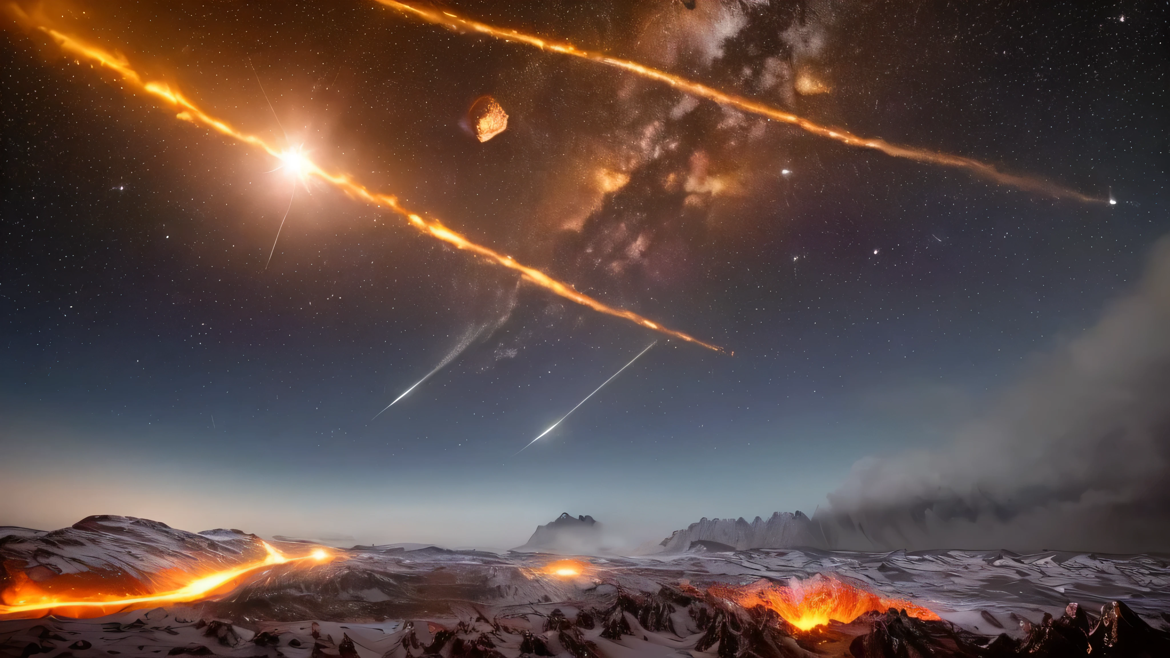 (Stunning visual:1.7), (High definition:1.3), best quality, ultra-realistic, meteorite crashing, night scene, dark background, stars twinkling, (Meteorite:1.5), burning trail, exploding on impact, (crater:1.4), (dust and debris:1.2), (earth shaking:1.1), sublime masterpiece, 8K resolution, meteorite's intricate texture and surface details, cosmic brilliance, night sky's gentle backdrop, Luminescent fiery tail illuminating the darkness, awe-inspiring, captivating, phot